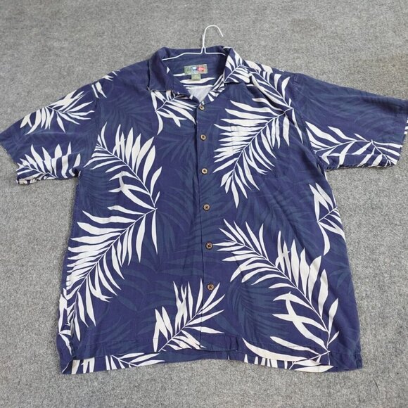 Hilo Hattie Shirt Large Blue Short Sleeve Silk Loop Collar Floral - Picture 1 of 7